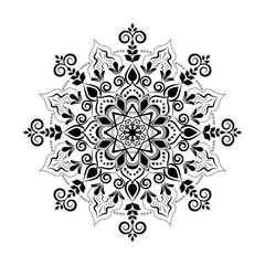 Black and white intricate mandala design with ornate floral and leaf motifs illustration vector on white background