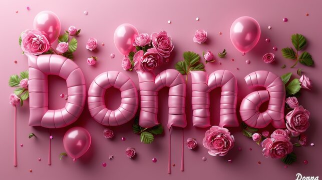 Pink balloons spell out 'Donna', surrounded by roses and balloons on a pink background, creating a festive and celebratory atmosphere.