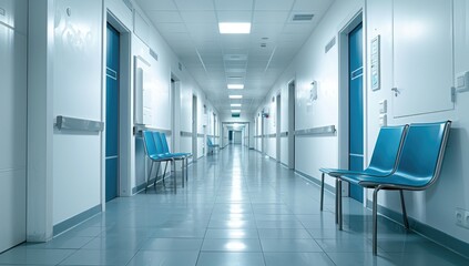 Empty Hospital Corridor with Blue Chairs