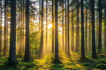 Obraz premium Silent Forest in spring with beautiful bright sun rays