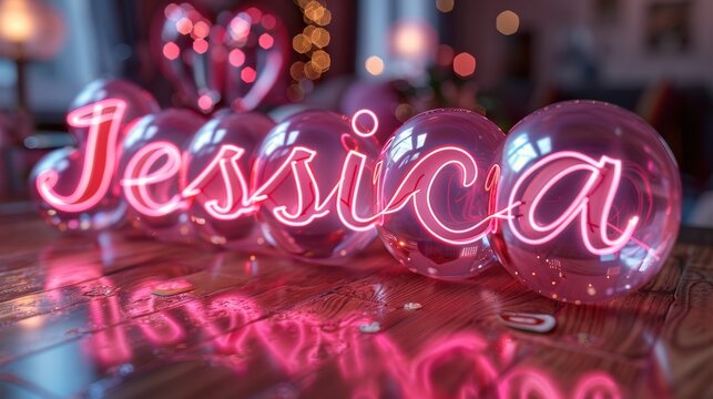 Pink neon Jessica sign inside transparent balloons in a festive warm-lit environment, ideal for celebrations or decorations.