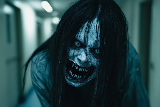 terrifying, close-up of a sinister Japanese female face with long hair, pale blue skin, hollow white eyes, wide and menacing smile with sharp black teeth