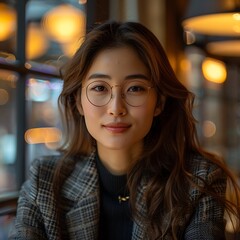 Positive beautiful young Asian woman close up casual portrait. Happy Korean girl, beauty care model with perfect skin and natural makeup looking away with pensive smile
