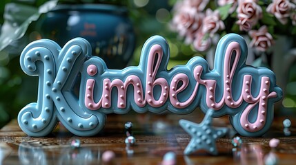 Colorful 3D text spelling 'Kimberly' with decorative designs, surrounded by flowers and pastel colors creating a cheerful ambiance.