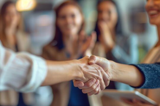 City businesspeople shake hands and applaud when collaborating. Shaking hands, pleased and group clapping in b2b relationship, startup acquisition celebration and congratulations
