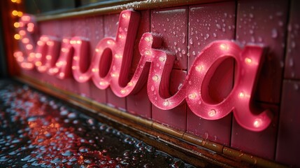 Close-up of a neon sign with the name 'Sandra' lit up and reflected in a rain-soaked surface, creating a vibrant and moody atmosphere.