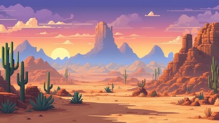 Game assets background RPG Gaming Battle Scene Desert sunset in Pixel 8bits 16bits 32 bits
