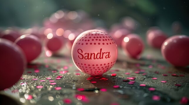 Pink polka dot balloon with the name 'Sandra' surrounded by a festive setting of other balloons and confetti.