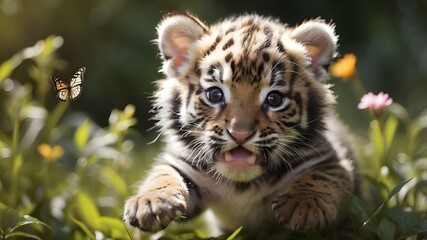 Fototapeta premium Adorable tiny tuxedo tiger cub having fun while chasing butterflies.