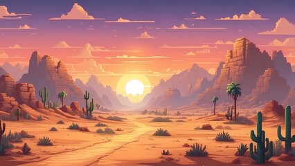 Game assets background RPG Gaming Battle Scene Desert sunset in Pixel 8bits 16bits 32 bits