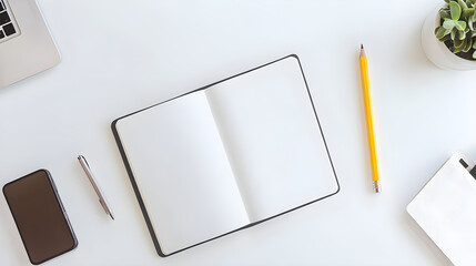 An open notebook sits on a clean desk surrounded by a pencil, a pen, a smartphone, and a plant creating a minimalistic workspace atmosphere