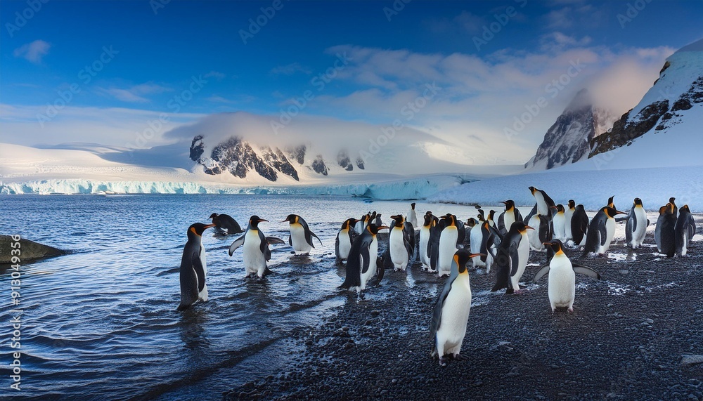 Poster natural antarctic landscape with penguins, ai generated