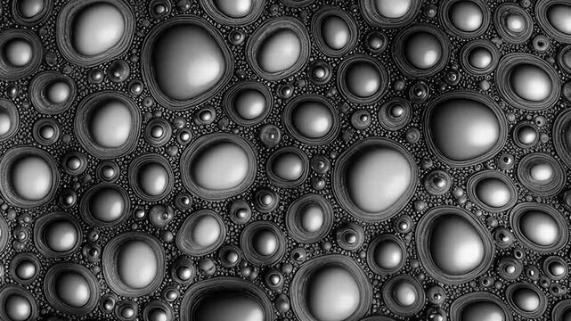 Loopy psychedelic black and white background of bubbles, chaotic Brownian motion of particles under a microscope, boiling liquid
