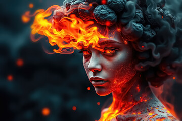 Burning volcanic stone woman with molten lava flowing through cracks.