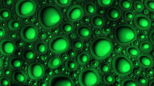 Loopy psychedelic green background of bubbles, chaotic Brownian motion of particles under a microscope, boiling liquid