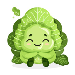 Obraz premium Happy cartoon cabbage character sitting among green leaves