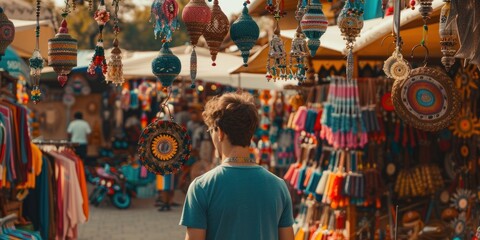 Fototapeta premium Man browsing colorful souvenirs at an outdoor market.