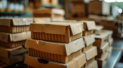 Obraz premium Close-up of a stack of cardboard boxes in a warehouse, representing storage, shipping, and logistics in business operations.