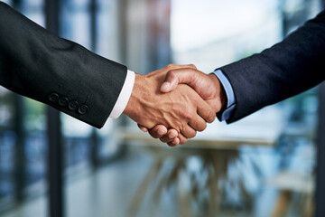 Business people, investor or handshake in zoom for meeting, partnership or greeting at law firm. Closeup, welcome or corporate lawyer with client for deal negotiation, support and legal consulting
