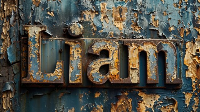 Weathered and rusted metal sign with the name 'Liam' in aged, peeling paint textures, evoking vintage and industrial elements.