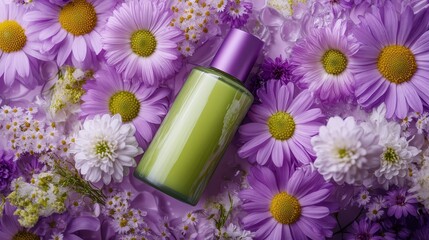 Radiant Glow - Facial Cream in Green Bottle Surrounded by Purple Flowers and Daisies, High Definition Photography with Soft Light and Glossy Textures