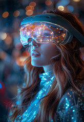Woman Wearing Futuristic Glasses With LED Lights in Neon Environment. A woman gazes thoughtfully while wearing glowing glasses in a vibrant, illuminated setting.