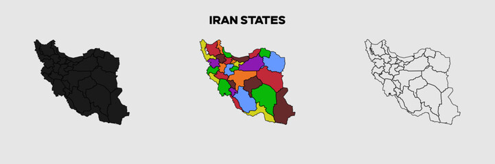 Iran States-Provinces Map Vector Pack. Map with States. Gray Map Silhouette. Gray Outline Map. Editable EPS file.