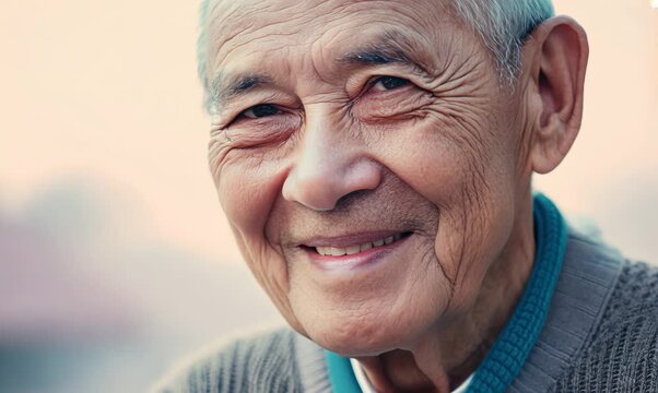 Close-up portrait of a Chinese man in his 80s in a pastel or soft colors background wearing a chic cardigan