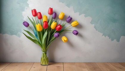 Stucco artwork of tulip flowers in a riot of colors, forms a cheerful and vibrant display on the wall.