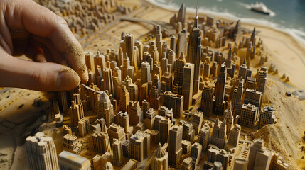 A sand sculptor creating an ephemeral beachfront cityscape. Detailed view of fingers carving delicate urban features. 