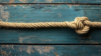 Obraz premium Nautical Rope Knot on Weathered Wooden Plank Background