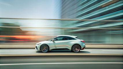Obraz premium a car in motion, with blurred buildings in the background, creating a sense of speed