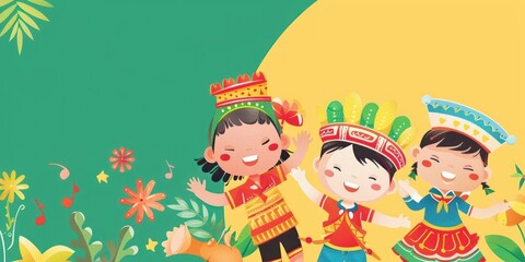 Naklejka premium Happy Children in Traditional Costumes.
