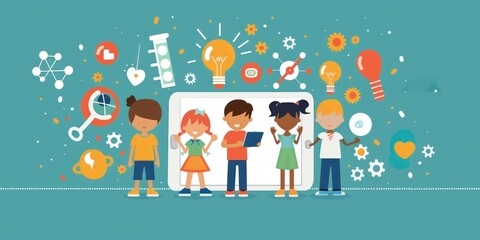 Diverse children using a tablet, learning and growing.