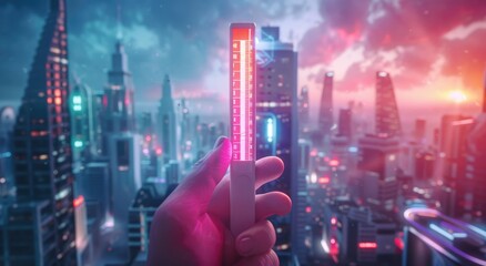 Fototapeta premium Futuristic Cityscape with Thermometer
