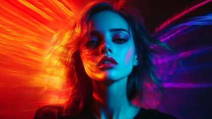 Fototapeta premium A woman with long hair is in a colorful background