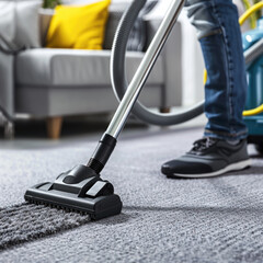 person cleaning carpet with vacuum cleaner