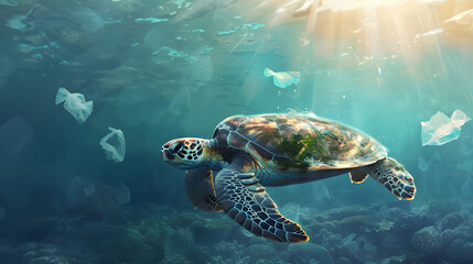 Fototapeta premium A serene sea turtle swimming gracefully in sun-dappled waters. The presence of plastic bags in the background. 