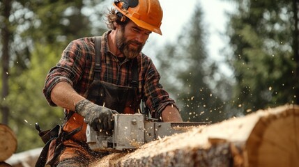 A lumberjack skillfully operates a chainsaw to cut through a log, surrounded by lush forest greenery and flying sawdust.