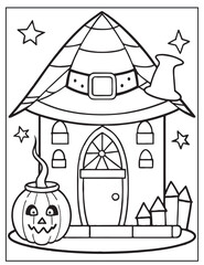 Halloween Witchs Lair coloring page design Halloween vector design black and white design