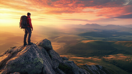 Fototapeta premium Adventurous Hiker at Sunset Overlooking Majestic Mountain Range