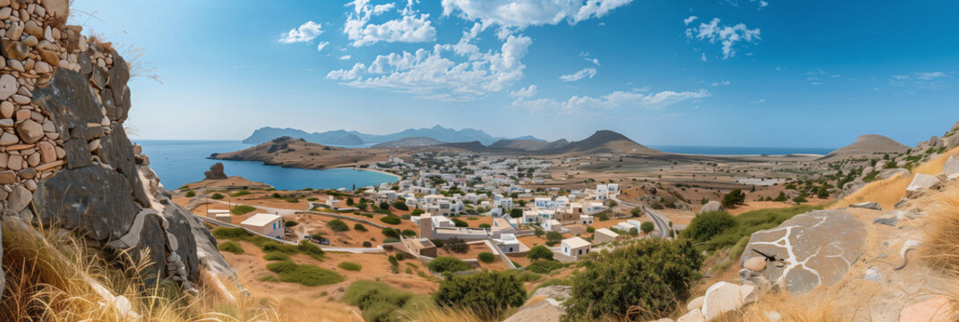 Panoramic View of Pserimos Island with Coastal Village and Rugged Landscape