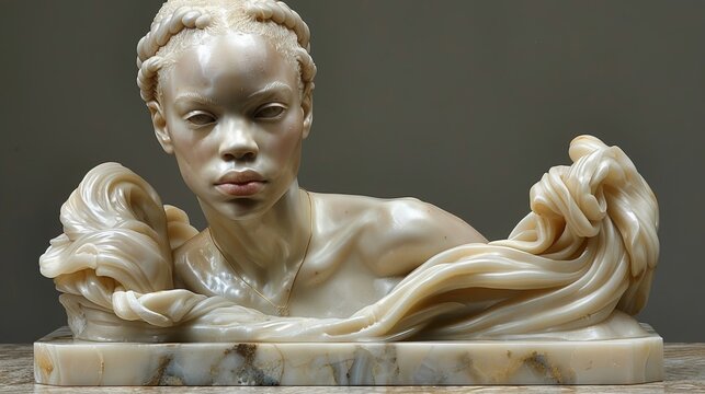 beautifully crafted marble bust of woman with intricate braids and flowing drapery, serene yet intense expression. smooth texture and lifelike details, skillful artistry. Concept: sculpture, art - Powered by Adobe