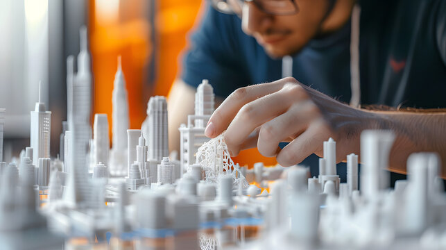 A student constructing a futuristic metropolis model using 3D-printed parts. Focus on precise assembly. 