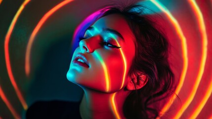 A woman with red hair and red eyes is in the center of a colorful