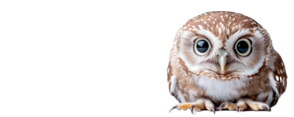 A close-up of a small owl with large eyes.