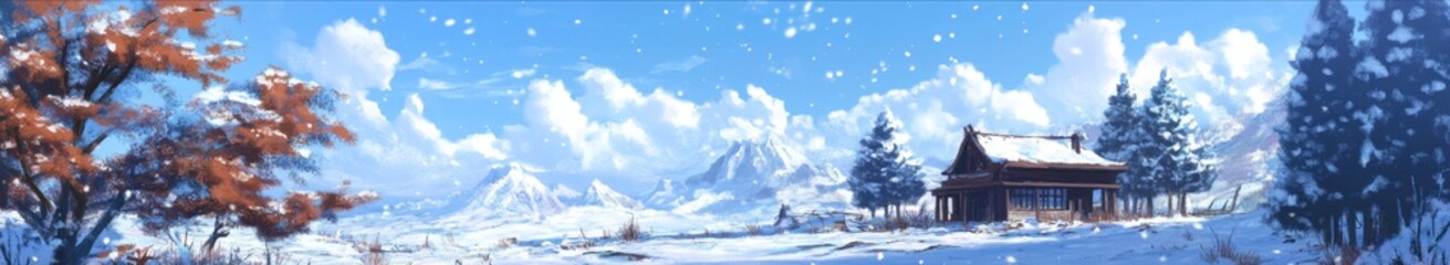 Frozen Frontier: An Animated Snowscape with a Distant Snow Outpost, Capturing the Enigma of Winter's Solitude and Beauty.