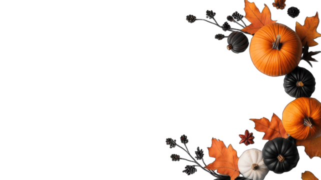 Pumpkins and autumn leaves arranged on a black background, creating a festive frame for copy space.