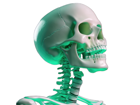 A detailed, stylized human skull and neck bones rendered in a vibrant teal color.