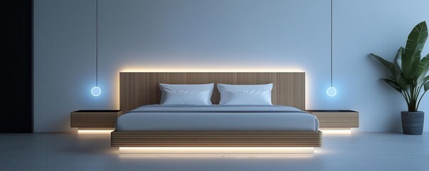 Modern bamboo bedroom with smart bed frame and ambient lighting, innovative sleep solutions
